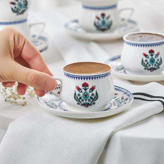 Karaca Çini set de 6 cești de cafea turcească Espresso din porțelan , 12 bucăți, 90ml, White Multi