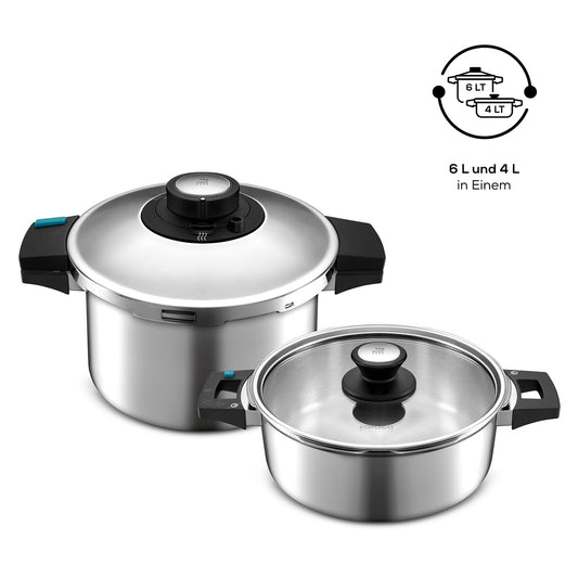 Quick and Safe, 2 Piece Stainless Steel Pressure Cooker Set, Induction, Black Silver