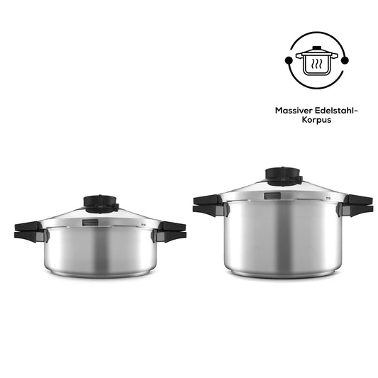 Quick and Safe, 2 Piece Stainless Steel Pressure Cooker Set, Induction, Black Silver