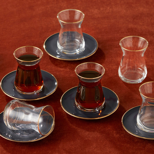 Retro, 12 Piece Glass Turkish Tea Set for 6 People, 50ML, Anthracite Gold