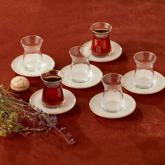 Retro, 12 Piece Glass Turkish Tea Set for 6 People, Beige Gold