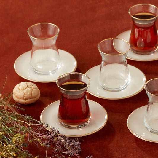 Retro, 12 Piece Glass Turkish Tea Set for 6 People, Beige Gold