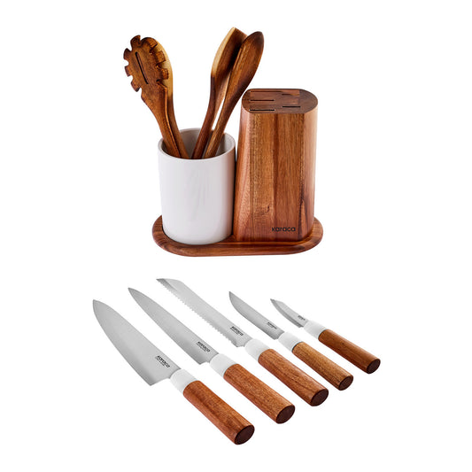 Pure, 11 Piece Knife Block Set and Kitchen Utensil Set, Wood White