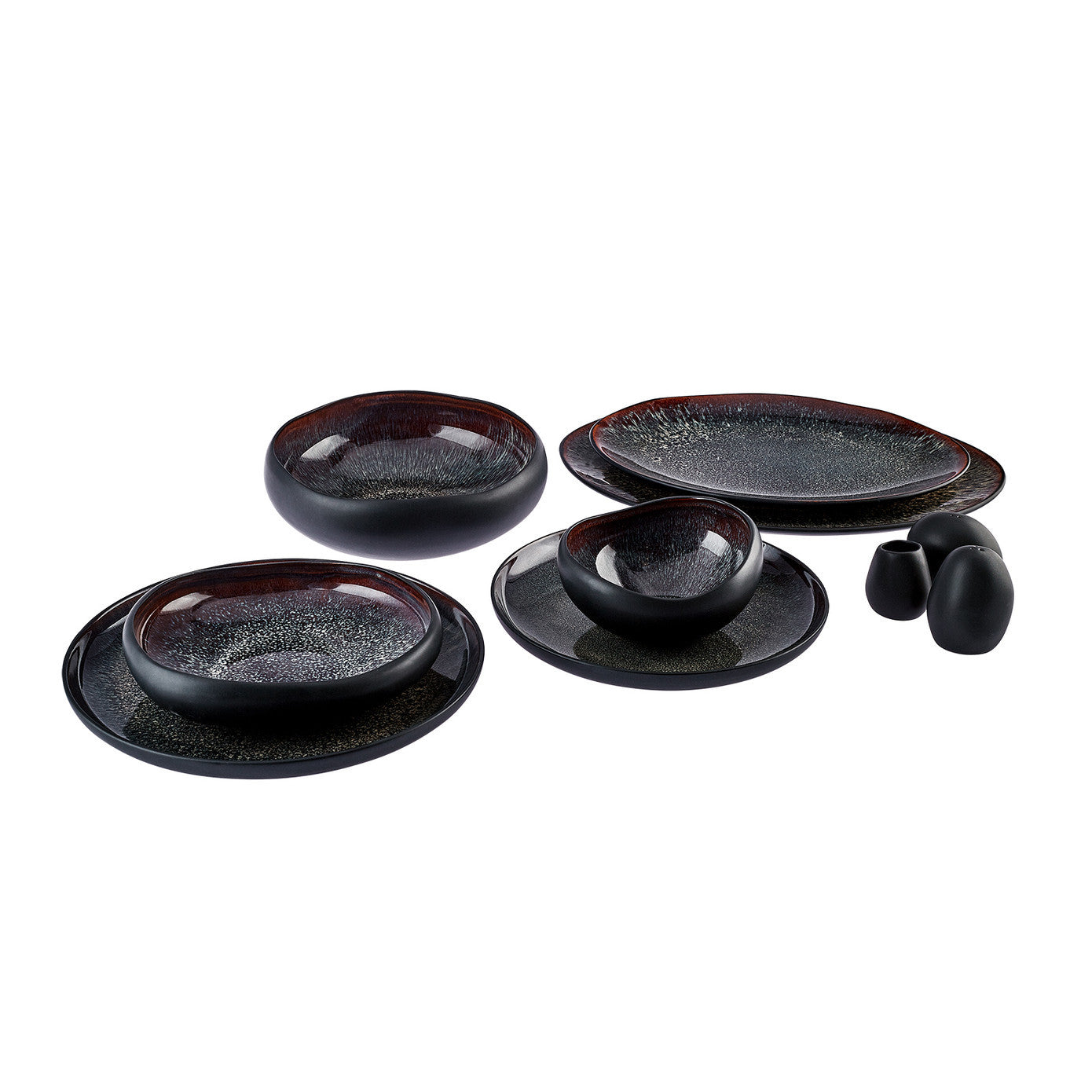 Streamline Galactic Reactive Glaze, 59 Piece  Dinner Set for 12 People, Black