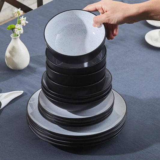 Borken, 16 Piece Stoneware Dinner Set for 4 People, White Black