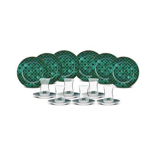 Zümrüt, 18 Piece Porcelain Serveware Set for 6 People, 19cm, Green Multi