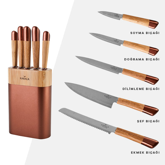 Karaca Maple Knife Set with Block, 5 Piece, Rose Gold