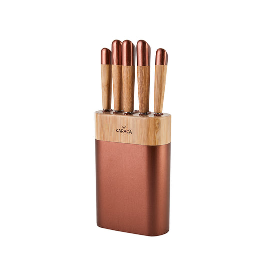 Karaca Maple Knife Set with Block, 5 Piece, Rose Gold