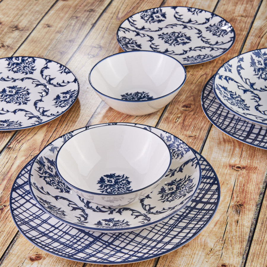 Karaca Porcelain Dinnerware Set for 6, 24 Piece, Blue White