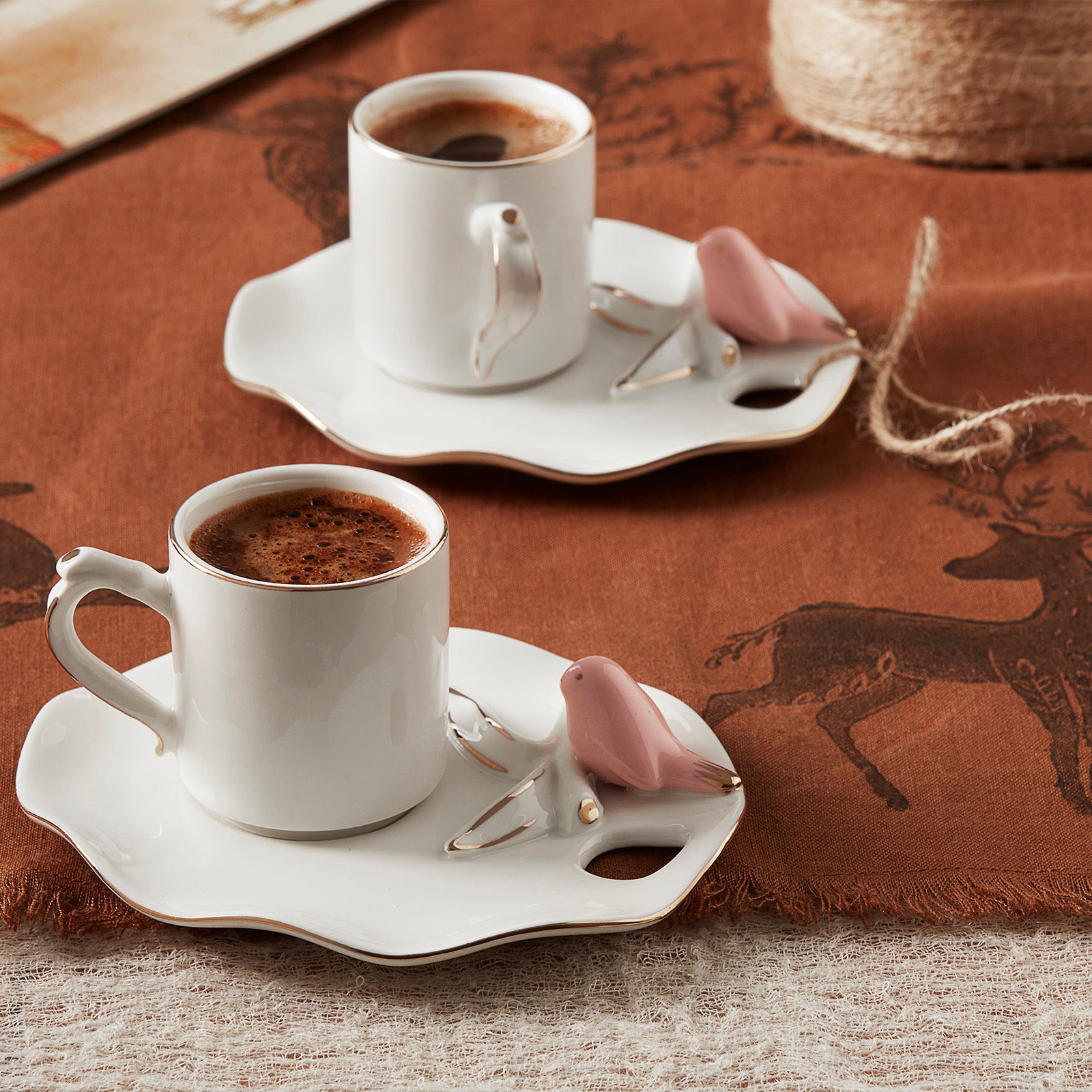 Set cești de cafea Karaca Lucca Birds roz, 80 ml, pentru 2 persoane