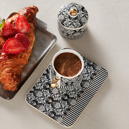 Karaca Queen Black Porcelain Coffee Cup Set with Turkish Delight Bowl for 2 Person 90 ml