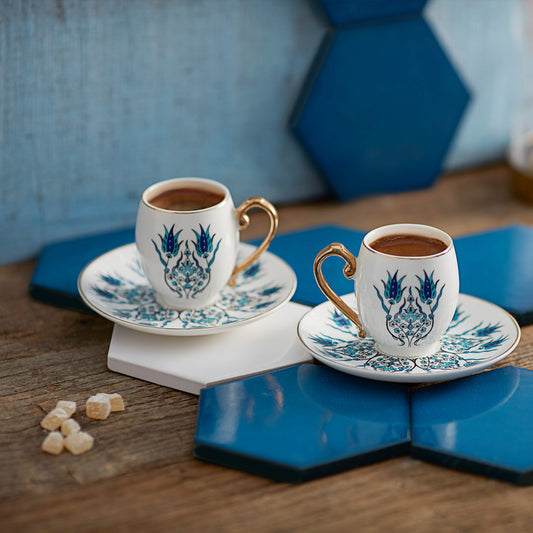 Karaca Porcelain Espresso Turkish Coffee Cup Set of 2, 4 Piece, 80ml, White Blue