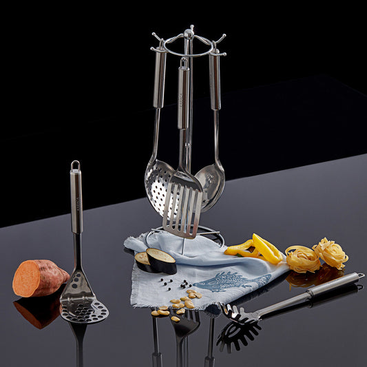 Karaca Chef Stainless Steel Kitchen Utensil Set with Stand, 6 Piece, Silver