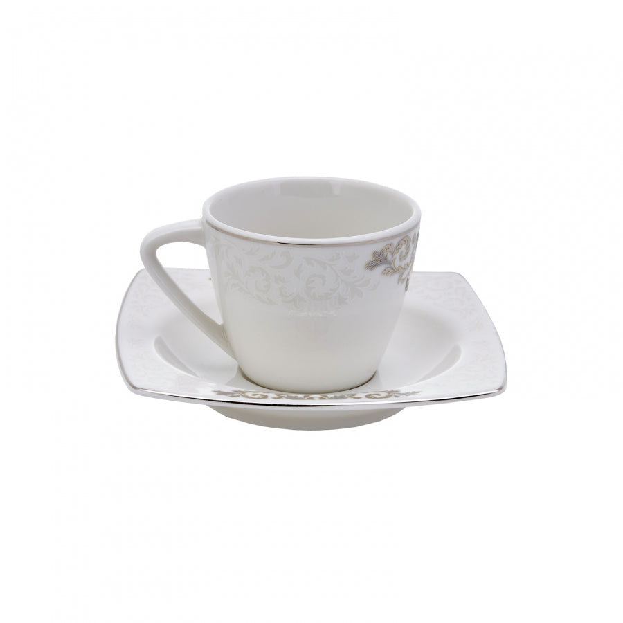 Nazende, 12 Piece Porcelain Espresso Turkish Coffee Cup Set for 6 People, 80ML, White Platinum